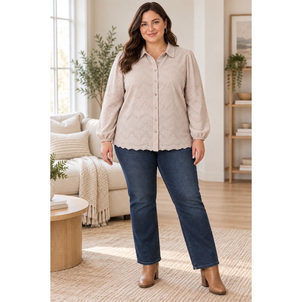 Torrid Beige Eyelet Rayon Button Front Blouse Scalloped Hem Plus Size 3 3X
